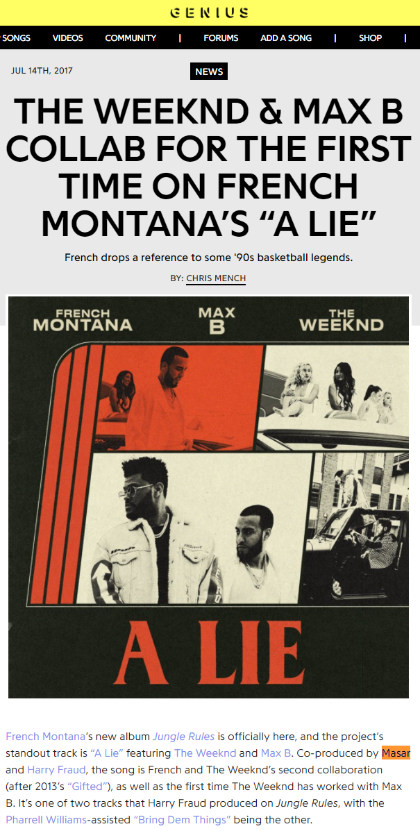 The Weeknd Max B French Montana A Lie Masar Tv Genius Lyrics